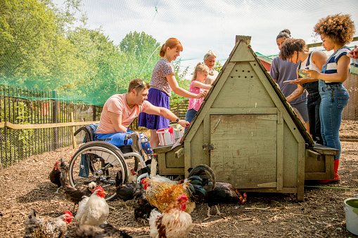 A group of people help paint the hen hut at the farm.