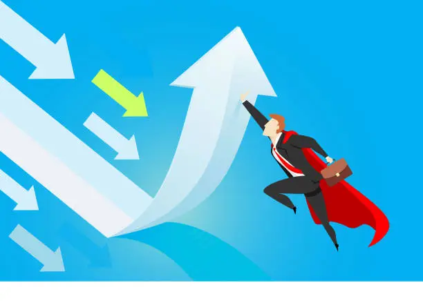 Vector illustration of Super Businessman changing direction. Business concept illustration