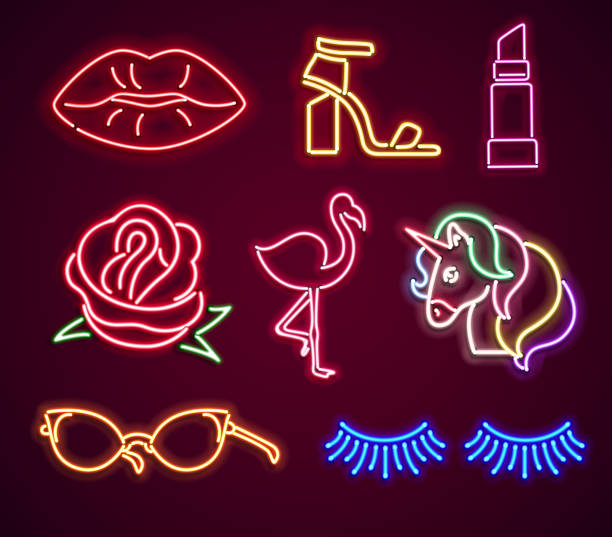 Set fashion neon sign Set fashion neon sign. Neon sign, bright signboard, light banner. Vector icons cartoon of bird with glasses stock illustrations
