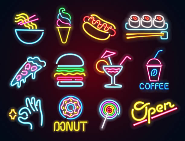 ilustrações, clipart, desenhos animados e ícones de definir alimento e beber de néon. sinal de néon, tabuleta brilhante, luz bandeira. ícones do vetor - sinal de neon