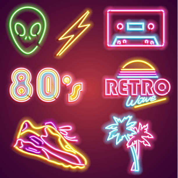 illustrations, cliparts, dessins animés et icônes de affectez au néon retrowave. enseigne au néon, enseigne lumineuse, lumière bannière. icônes vectorielles - 1980s style audio