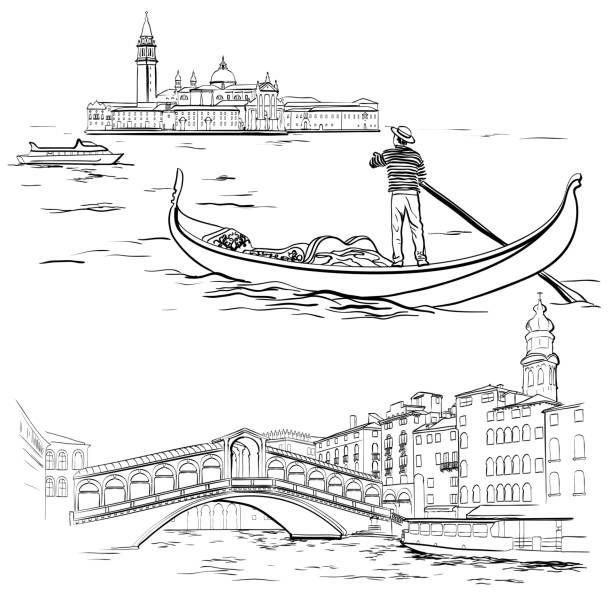 Gondolier near Lido island, Rialto Bridge, Venice Vector illustration of hand drawn Gondolier near Lido island, Rialto Bridge, Venice sketch, Italy gondolier stock illustrations