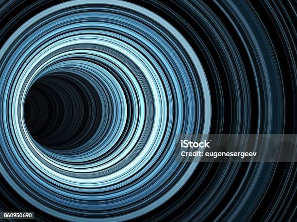 Dark Tunnel Of Glowing Blue Rings 3d Render Stock Photo - Download Image Now - Abstract, Art, Backgrounds