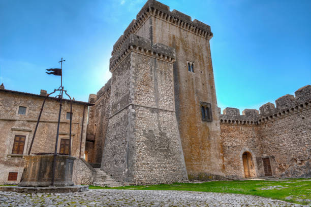 Caetani Castle Sermoneta Courtyard Towers Caetani Castle, Sermoneta, Italy - February 19, 2017: Medieval Caetani Castle Courtyard View  and Towers sermoneta stock pictures, royalty-free photos & images