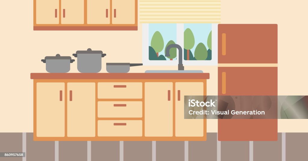 Background of kitchen with kitchenware Background of kitchen with kitchenware vector flat design illustration. Horizontal layout. Apartment stock vector