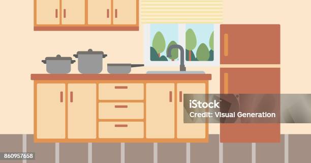 Background Of Kitchen With Kitchenware Stock Illustration - Download Image Now - Apartment, Architecture, Cabinet