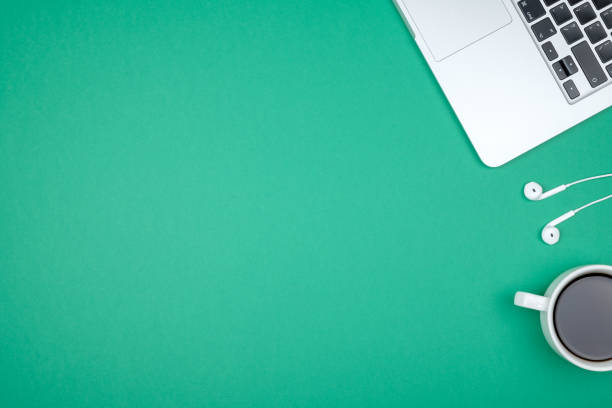 Minimal home office desk. Top view shot. Freelancer workplace concept