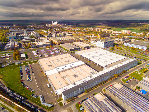Aerial view to industrial zone and technology park on Karlov suburb of Pilsen city in Czech Republic, Europe. European industry from above.