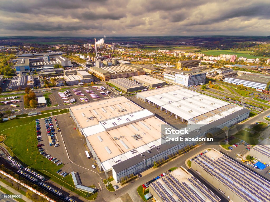 Aerial view to industrial zone and technology park. Aerial view to industrial zone and technology park on Karlov suburb of Pilsen city in Czech Republic, Europe. European industry from above. Factory Stock Photo