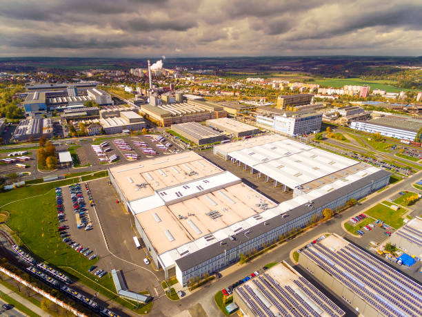 Aerial view to industrial zone and technology park. Aerial view to industrial zone and technology park on Karlov suburb of Pilsen city in Czech Republic, Europe. European industry from above. pilsen stock pictures, royalty-free photos & images