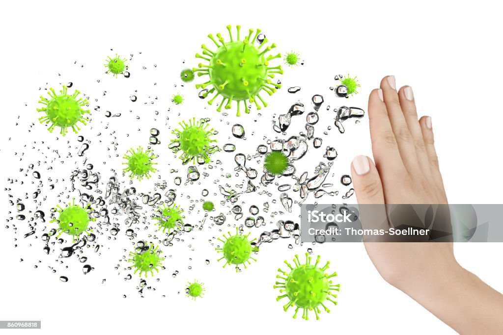 Immune defense Hand defending some virus and bacteria, 3D rendering Virus Stock Photo