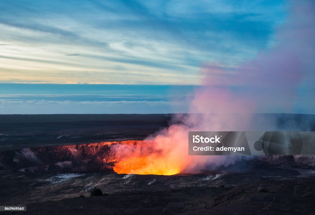 Kilauea Crater, Hawaii Volcanoes National Park, Big Island Fire and steam erupting from Kilauea Crater (Pu'u O'o crater), Hawaii Volcanoes National Park, Big Island of Hawaii Big Island - Hawaii Islands Stock Photo