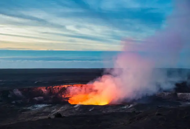 Fire and steam erupting from Kilauea Crater (Pu'u O'o crater), Hawaii Volcanoes National Park, Big Island of Hawaii