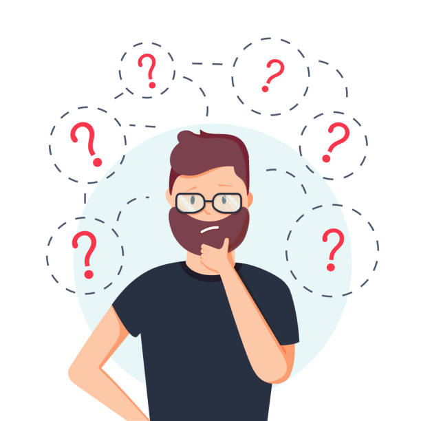 Young hipster business man thinking standing under question marks. Vector flat cartoon illustration character icon. Young hipster business man thinking standing under question marks. Vector flat cartoon illustration character icon. Business man surrounded by question marks concept. Men think confused guy stock illustrations