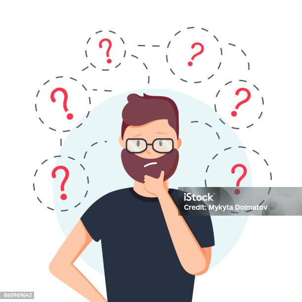 Young Hipster Business Man Thinking Standing Under Question Marks Vector Flat Cartoon Illustration Character Icon Stock Illustration - Download Image Now