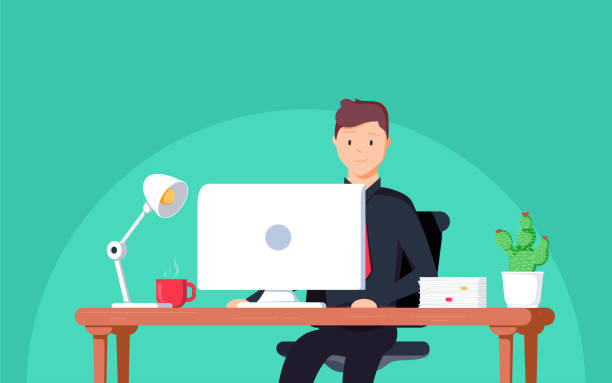 Business man entrepreneur in a suit working at his office desk. Vector illustration in flat style Business man entrepreneur in a suit working at his office desk. Vector illustration in flat style. Businessman working at office with computer and documents on his desk, consultant lawyer concept. accounting office background stock illustrations