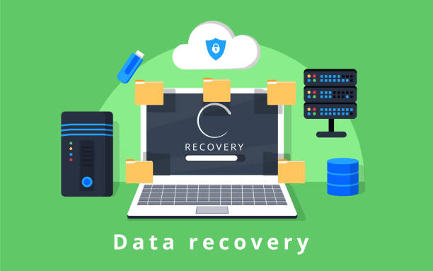 Data recovery, data backup, restoration and security flat design vector with icons Data recovery, data backup, restoration and security flat design vector with icons. Vector illustration. Data protection concept web banner. Flat style. Internet security. For cloud services, encryption app ad backup stock illustrations