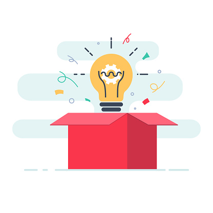 Creative box. Think Outside the Box, Imagination, Creativity and Brainstorm concept. Cute cartoon box and light bulb inside. Flat line vector illustration for web and mobile design.