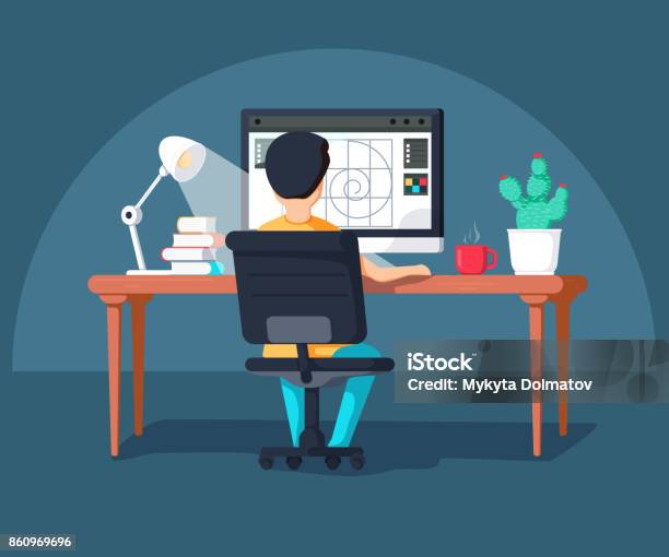 Graphic Design Professional In The Middle Of Workflow Back View Cool Vector Flat Design Illustration Stock Illustration - Download Image Now