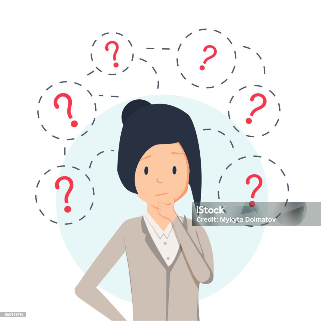 Young hipster business woman thinking standing under question marks. Vector flat cartoon illustration character icon. Young hipster business woman thinking standing under question marks. Vector flat cartoon illustration character icon. Business woman surrounded by question marks concept. Women think Question Mark stock vector