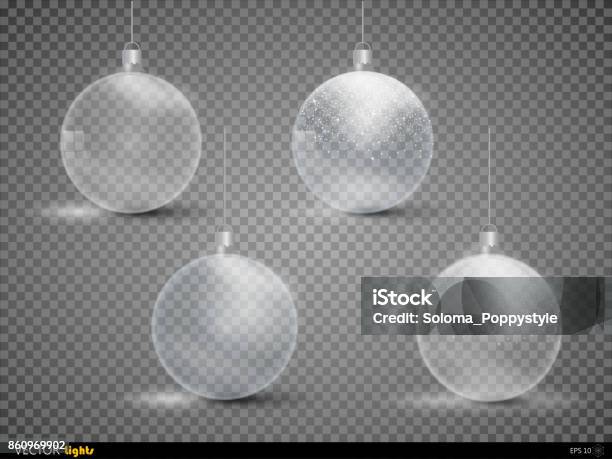 Set Template Of Glass Transparent Christmas Balls Stocking Element Christmas Decorations Transparent Vector Object For Design Shiny Toy With Silver Glow Isolated Object Vector Illustration Stock Illustration - Download Image Now