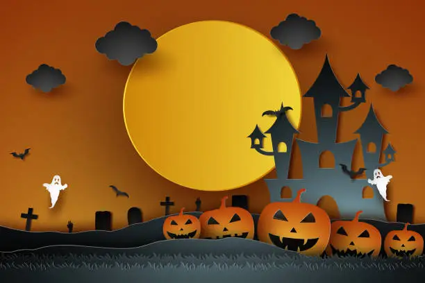 Vector illustration of Halloween with castle , pumpkin , ghost and graveyard in the moon , paper art style