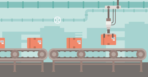 Background of conveyor belt Background of conveyor belt with robot arm and boxes vector flat design illustration. Horizontal layout. conveyor belt stock illustrations