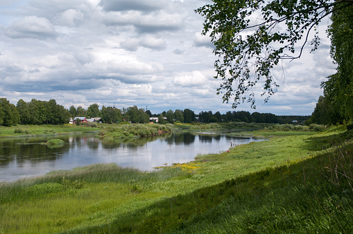This photo was taken in Ustyuzhna, Vologda region, Russia on June 10, 2016. View of the river Mologa.
