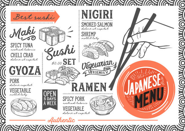 Sushi menu restaurant, food template. Sushi menu for restaurant and cafe. Design template with food hand-drawn graphic illustrations. japanese food stock illustrations