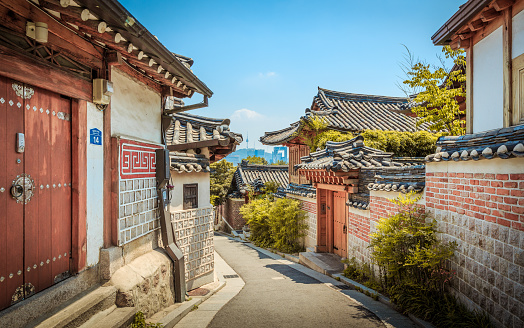 Seoul, South Korea - June 14, 2017: Many people visiting Bukchon Hanok village in South Korea. The traditional Korean architecture can be at this place.