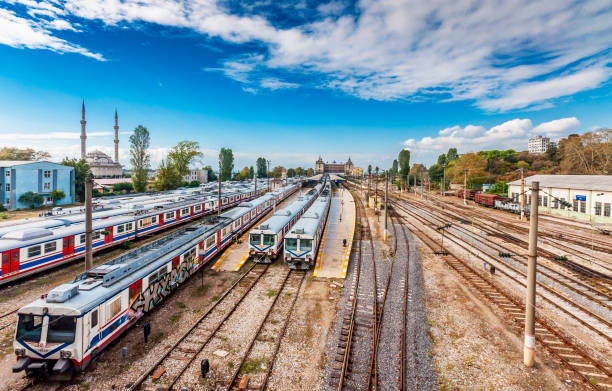 Istanbul, Turkey - October,05, 2013 : Abandon painted trains and Haydarpasa Railway Station in Istanbul.Haydarpasa was arrival point to Istanbul from Anatolia.