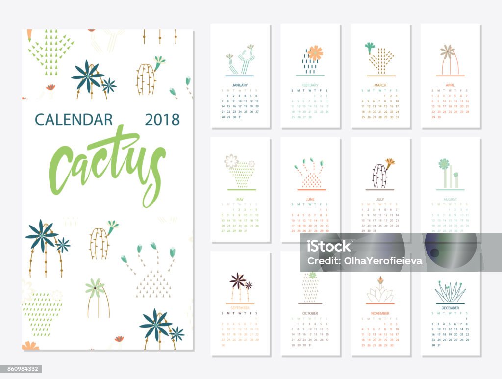 Calendar 2018 template Calendar 2018.Calendar with succulents and cactus plants. 2018 stock vector