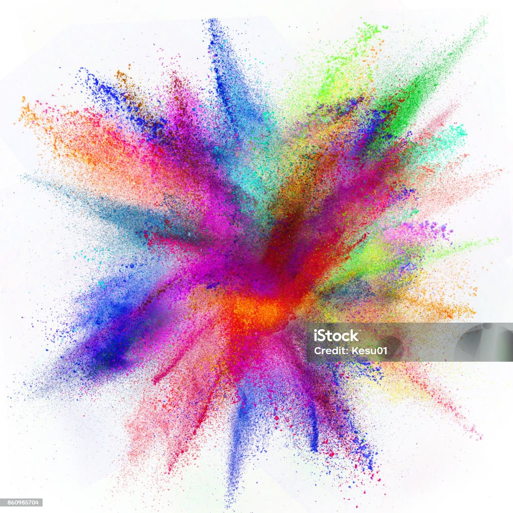 Freeze motion of colored dust explosion Freeze motion of colored dust explosion isolated on white background. Exploding Stock Photo