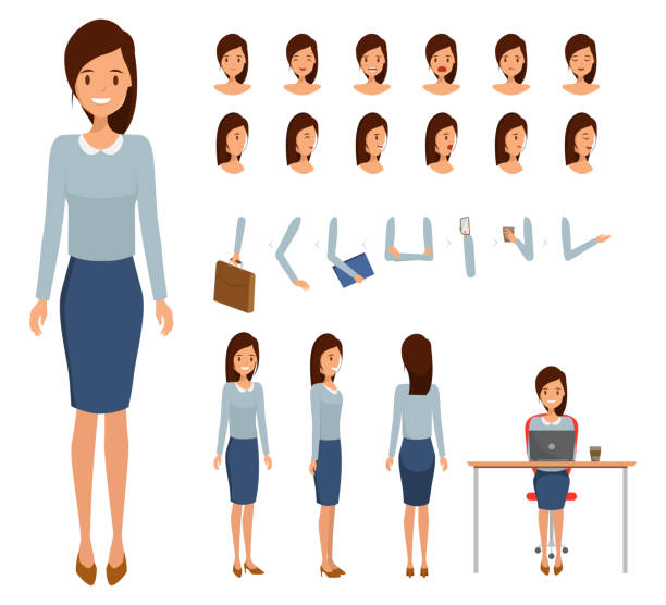 Woman character constructor for different poses. Set of various women's faces. Illustration vector isolated on white background. vector art illustration