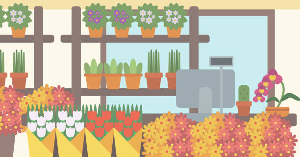 Background of flower shop Background of flower shop. Counter with cash box in flower shop vector flat design illustration. Horizontal layout. flower arrangement bouquet variation flower stock illustrations