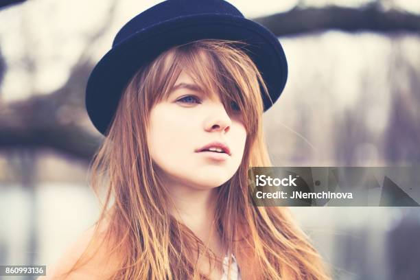 Pretty Girl Outdoors Deep Young Stock Photo - Download Image Now - Bangs - Hair, Fringe, Hair