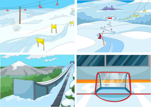 cartoon zestaw tła - infrastruktura sportowa - ski arena stock illustrations