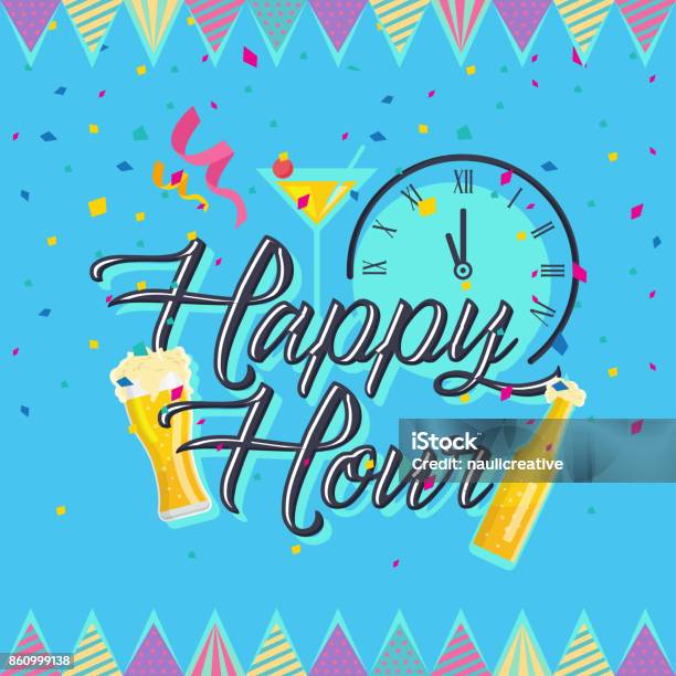 Modern Beer Happy Hour Card Illustration Stock Illustration - Download Image Now - Happy Hour, Alcohol - Drink, Banner - Sign