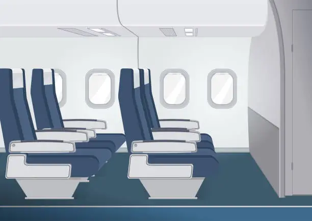 Vector illustration of Aircraft interior with windows and passenger seats.