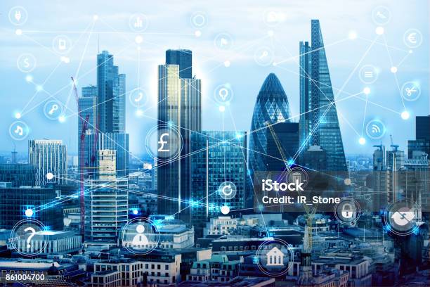 City Of London At Sunset And Business Network Connections Concept Illustration With Lots Of Business Icons Technology Transformation And Innovation Idea Stock Photo - Download Image Now