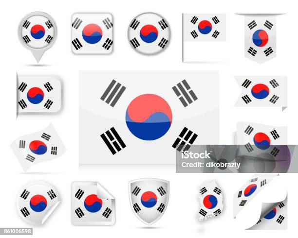 South Korea Flag Vector Set Stock Illustration - Download Image Now - Asia, Badge, Bookmark