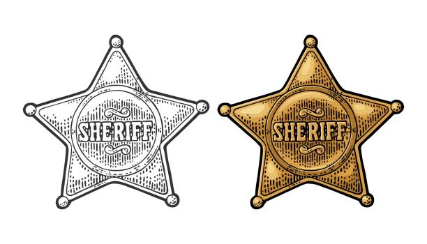 sheriff-stern. vintage schwarz und farbe vektor-gravur - police badge badge police white background stock-grafiken, -clipart, -cartoons und -symbole