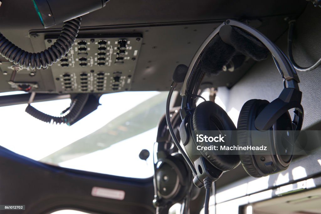 Close Up Of Headsets In Helicopter Cockpit Headset Stock Photo