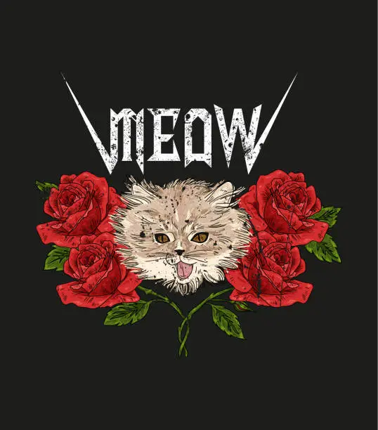 Vector illustration of Rock and roll cat and roses. Typography graphic print, fashion drawing for t-shirts.Vector Illustration in modern style for clothes.