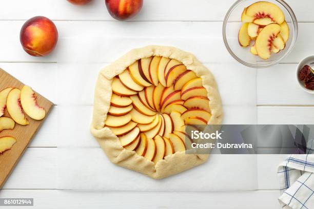 Step By Step Recipe Galette Or Pie With Nectarines Dough With Stuffing Ready To Bake Stock Photo - Download Image Now