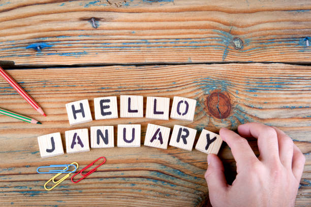 istock Hello january. Wooden letters on the office desk 861019578
