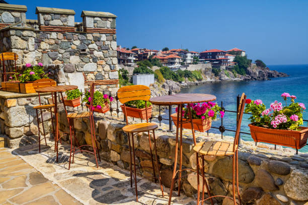 seaside landscape - view from the cafe on the embankment in the town of sozopol - wall flower sunny temperate flower imagens e fotografias de stock