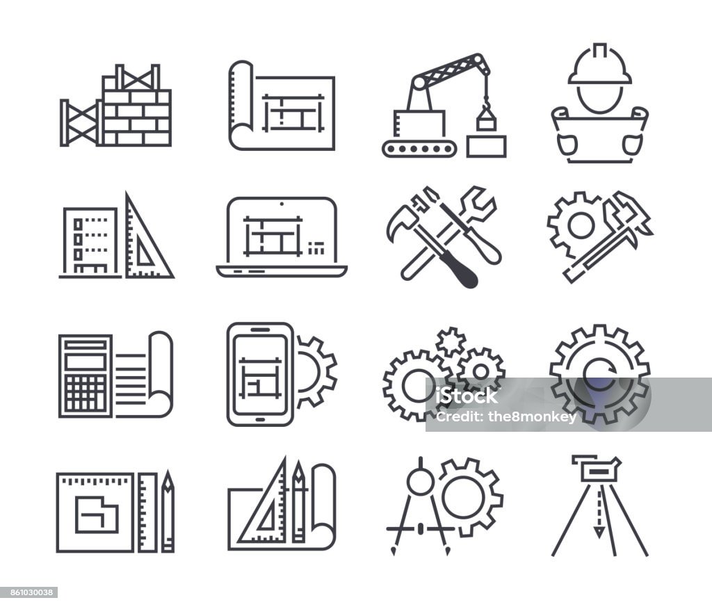 Ingeniería y fabricación de conjunto de iconos de vector de estilo de línea fina - arte vectorial de Ícono libre de derechos