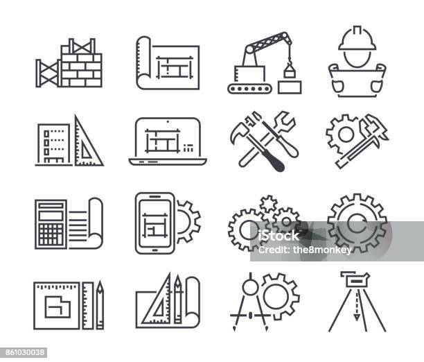 Ilustración de Ingeniería Y Fabricación De Conjunto De Iconos De Vector De Estilo De Línea Fina y más Vectores Libres de Derechos de Ícono