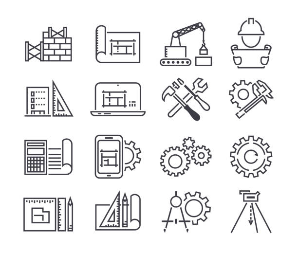 Engineering and manufacturing vector icon set in thin line style Engineering and manufacturing vector icon set in thin line style. engineer designs stock illustrations
